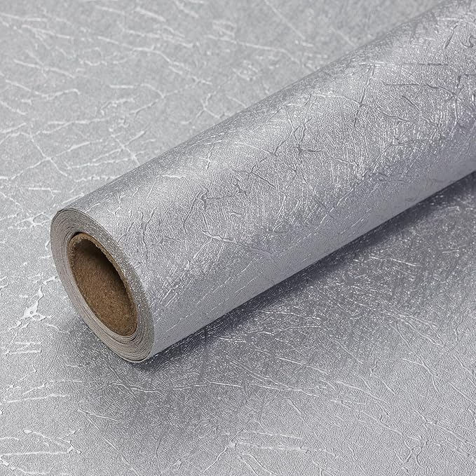 Silver Grey Silk Wallpaper Embossed Peel and Stick Wallpaper A Set of 17.7 inch X 480 inch Textured Self-Adhesive Removable Contact Paper Waterproof Vinyl Roll for Bedroom Cabinet Furniture