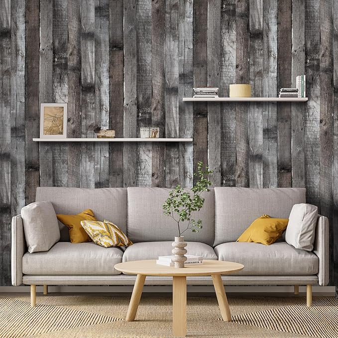 Yun-aeon Natural Wood-Dark Grey Wood Contact Paper Peel and Stick Wallpaper 17.3