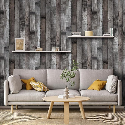 Yun-aeon Natural Wood-Dark Grey Wood Contact Paper Peel and Stick Wallpaper 17.3"x 400"Self Adhesive Removable Vintage Faux Wood Wall Paper Plank Shelf Home Decoration Kitchen Counter Cover Use