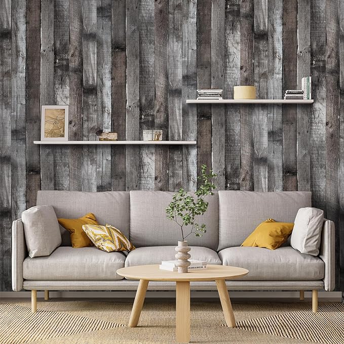 Yun-aeon Natural Wood-Dark Grey Wood Contact Paper Peel and Stick Wallpaper 17.3"x 80"Self Adhesive Removable Vintage Faux Wood Wall Paper Plank Shelf Home Decoration Kitchen Counter Cover Use