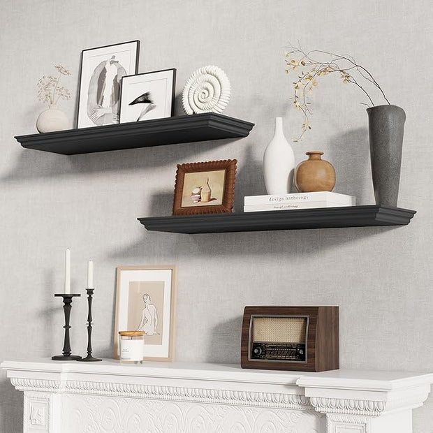 Fun Memories Floating Shelves 32 Inch Long, 9.3 Inch Deep Classic Crown Molding Floating Shelves for Wall, Rustic Wooden Shelves for Wall Decor Bathroom, Kitchen, Office, (Black, 2Pack)