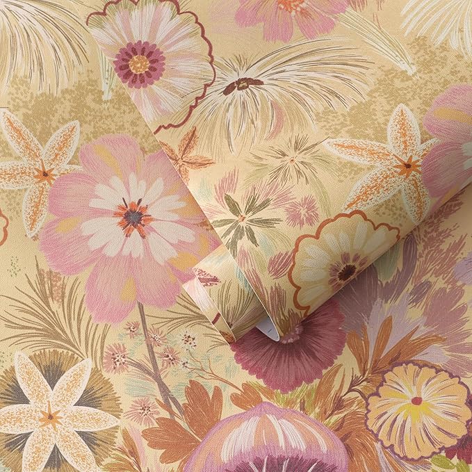 Ismoon Vintage Floral Peel and Stick Wallpaper Deep Beige Pink Contact Paper Jellyfish Starfish Stick on Wall Paper Removable Self Adhesive Vinyl Wallpaper for Bedroom Wall Cabinet Decor 17.3x78.7in