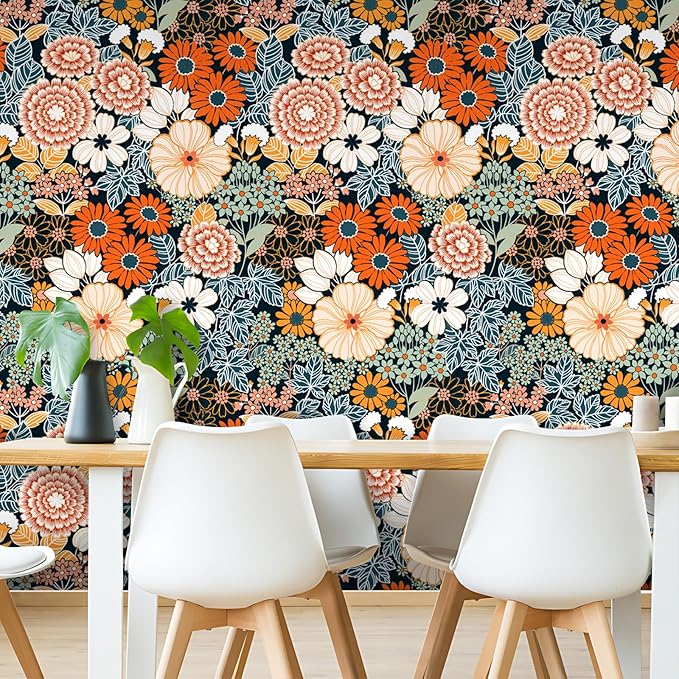 Floral Wallpaper Peel and Stick Boho Wall Paper Removable Waterproof Orange/Green/Red Contact Paper for Bedroom, Bathroom, Home Wall 17.3