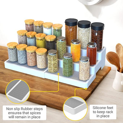 YAN & HIN Expandable Spice Rack Organizer for Cabinet (2 Pack), 3-Tier Tiered Spice Shelf Organizer with Non-Skid Surface, Adjustable Pantry Organizer for Spices, Cans & Medicine Cabinet