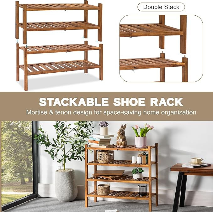 Natural Acacia Wood 2-Tier Folding Shoe Rack – Space-Saving Wooden Shoe Organizer Shelf for Entryway, Hallway, Mudroom, or Closet – Compact Indoor Storage for Footwear & More