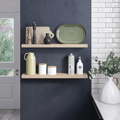 Ballucci Floating Shelves, 36" Wood Wall Shelf Set of 2, with Invisible Brackets for Bathroom, Living Room, Bedroom, Kitchen, Nursery, 6" Deep, Oak Finish