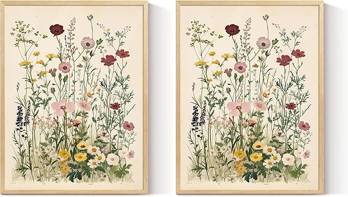 InSimSea Framed Canvas Wall Art Prints, Wall Art for Living Room Bedroom, Beige Vintage Flower Botanical Painting Bathroom Decor, Classic Retro Rustic Farmhouse Wall Shelf Decor, 12x16inch (Pack of 2)