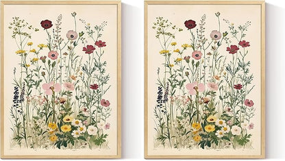 InSimSea Framed Canvas Wall Art Prints, Wall Art for Living Room Bedroom, Beige Vintage Flower Botanical Painting Bathroom Decor, Classic Retro Rustic Farmhouse Wall Shelf Decor, 12x16inch (Pack of 2)