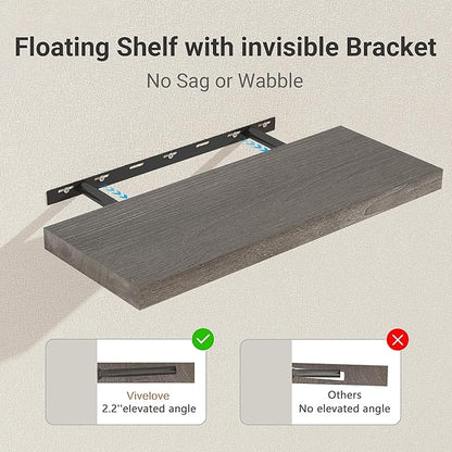 Vivelove Elm Wood Floating Shelves, Wooden Shelves for Wall with Invisible Bracket for Living Room Bedroom Bathroom Office Book, Rustic Farmhouse Display Shelf, 48 Inch Set of 1- Grey