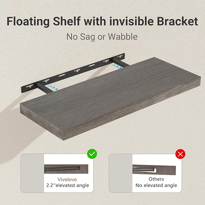 Vivelove Elm Wood Floating Shelves, Wooden Shelves for Wall with Invisible Bracket for Living Room Bedroom Bathroom Office Book, Rustic Farmhouse Display Shelf, 48 Inch Set of 1- Grey