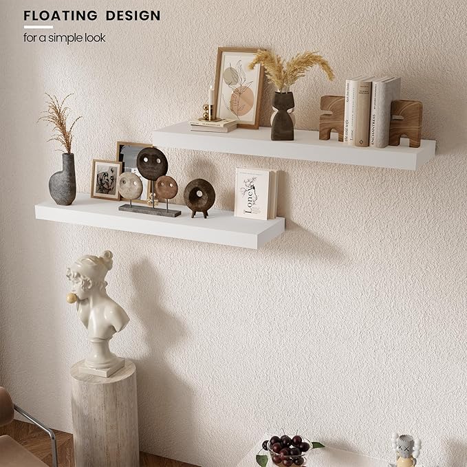 Vivelove Wooden Floating Shelves for Wall 36” x 8”x 1.4”, Solid Wood Shelf with Invisible Brackets, Deep Wall Shelves for Bathroom, LivingRoom, Kitchen, Bedroom, Modern Home Decor, Set of 2 - White