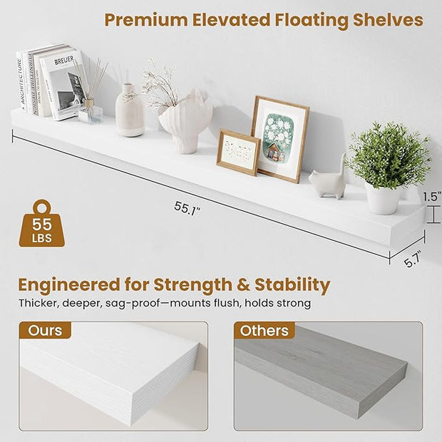 Fun Memories 55 Inch Floating Shelves Bedroom, Large Extra Floating Shelf Set of 2 with Invisible Brackets, White