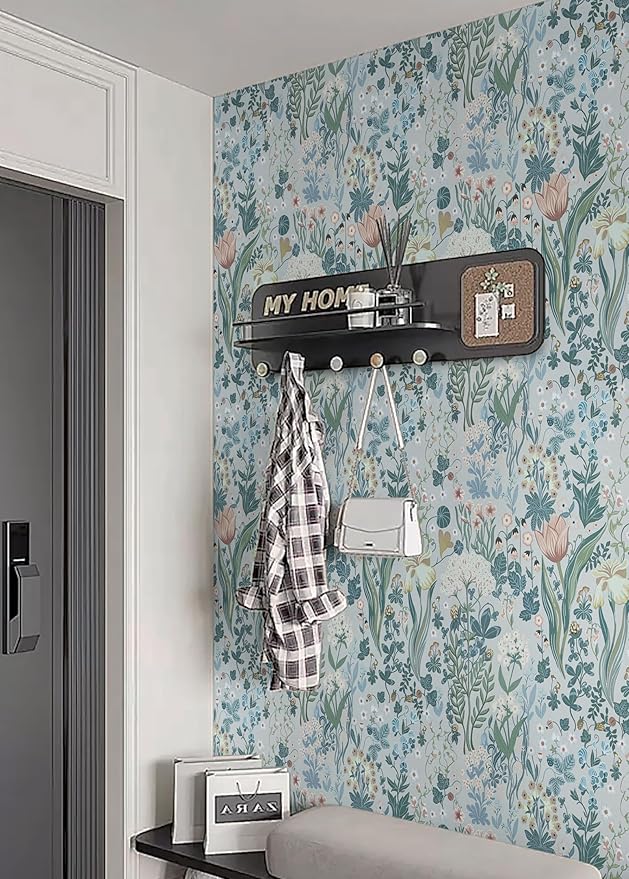 Peel and Stick Wallpaper Vintage Wall Paper Gray Blue Floral Contact Paper Removable Wallpaper 17.3