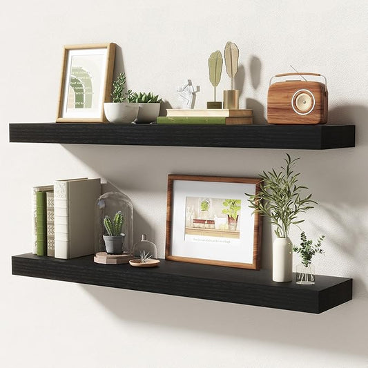 32 Inch Floating Shelves | 6.5 Inch Deep Black Floating Shelves Set of 2 | 32" W x 6.5" D Rustic Black Wood Wall Shelves with Invisible Brackets for Bathroom Living Room Bedroom