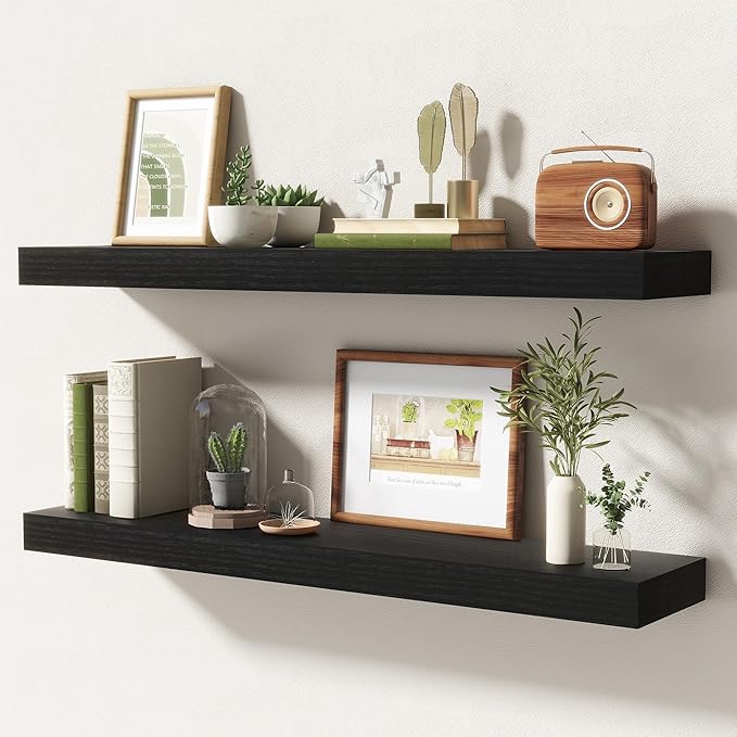 32 Inch Floating Shelves | 6.5 Inch Deep Black Floating Shelves Set of 2 | 32" W x 6.5" D Rustic Black Wood Wall Shelves with Invisible Brackets for Bathroom Living Room Bedroom