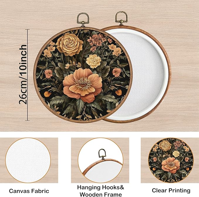 KSDUT Aesthetic Flower Retro Wall Art Decor - Botanical Neutral Mid Century Modern Wall Art Canvas Frame Hanging Prints, Vintage Landscape Round Wall Art Decor for Home Decorations 10"x10"