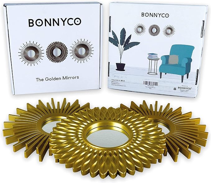 BONNYCO Gold Mirrors for Wall Pack of 3, Round Wall Mirrors Bedroom Room and Home Decor. Espejos Decorativos de Pared Sala Dormitorio, Modern Minimalist Decor Vintage, Chic. Gifts for Women, Mums