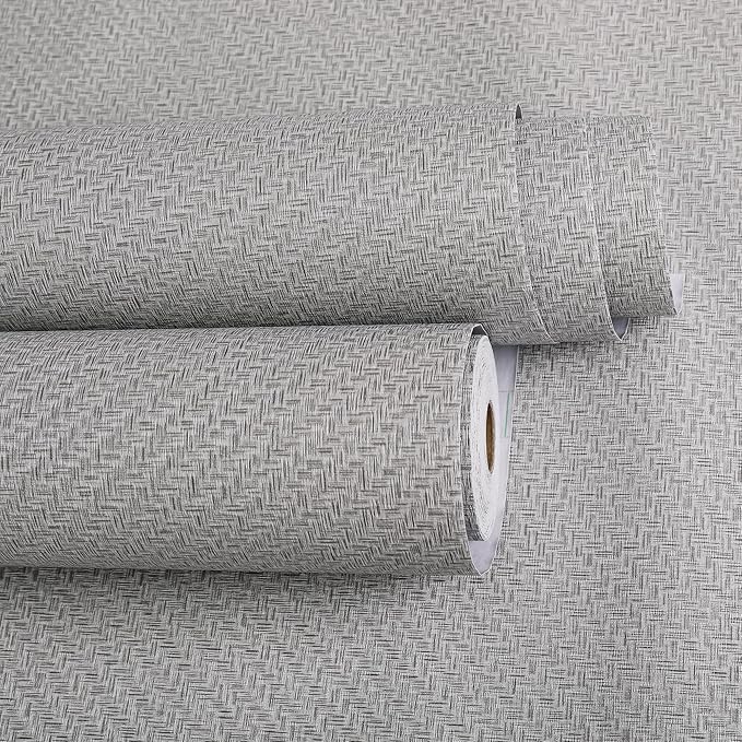 Haimin Fabric Wallpaper Textured Contact Paper (24in X 393in) Gray Grasscloth Wallpaper Peel and Stick Faux Linen Wall Paper Self-Adhesive Vinyl Looks Like Woven Straw
