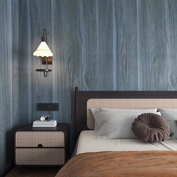 24"x197" Blue Wood Grain Contact Paper for Cabinets Wood Vinyl Wrap Peacock Blue Wallpaper Stick and Peel Countertops Kitchen Cabinet Wallpaper Waterproof Counter Top Covers with Air Guide Slot Design