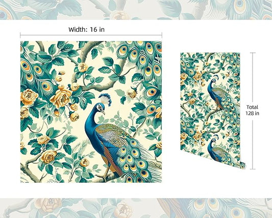 FLFK Green Peacock Wallpaper,Peel and Stick Wall Mural for Living Room, Bedroom, Kitchen, Office, Apartment Decor 16"x128"