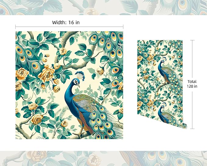 FLFK Green Peacock Wallpaper,Peel and Stick Wall Mural for Living Room, Bedroom, Kitchen, Office, Apartment Decor 16