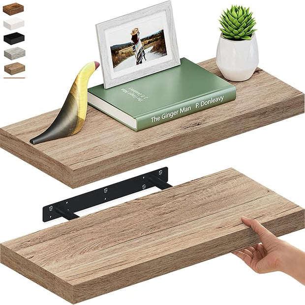 Ballucci Floating Shelves for Wall, 24" Wood Wall Shelf Set of 2, with Invisible Brackets for Bathroom, Living Room, Bedroom, Kitchen, Nursery, 8" Deep, Oak Finish
