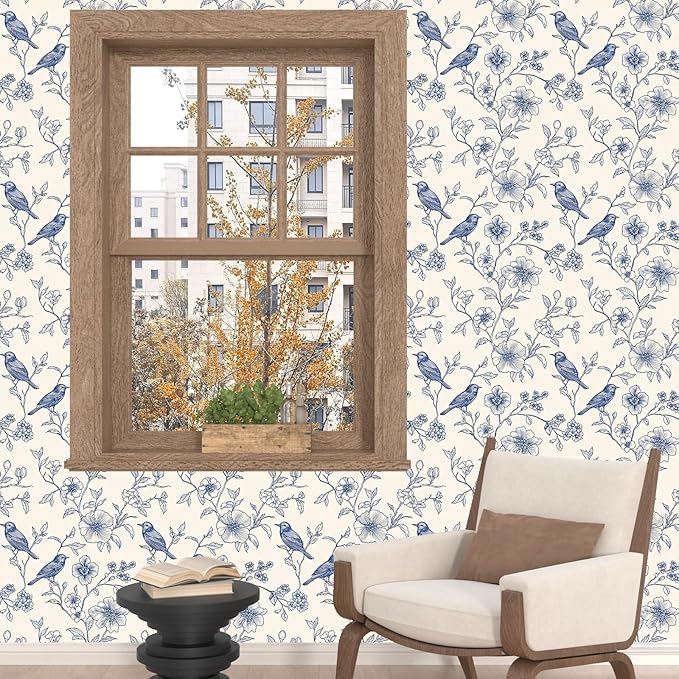 Beige Wallpaper Peel and Stick Blue Floral Bird Vintage Contact Paper 17.5