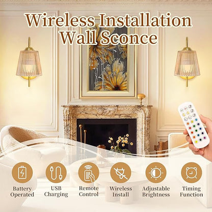 Vintage Battery Wall Sconce with Flower lampshade,Rechargeable Battery Powered Wall Lights,Wall lamp with 15 Colors for Bedroom Living Room Home Decor (Amber Stripe, 2 Light Battery Operated)