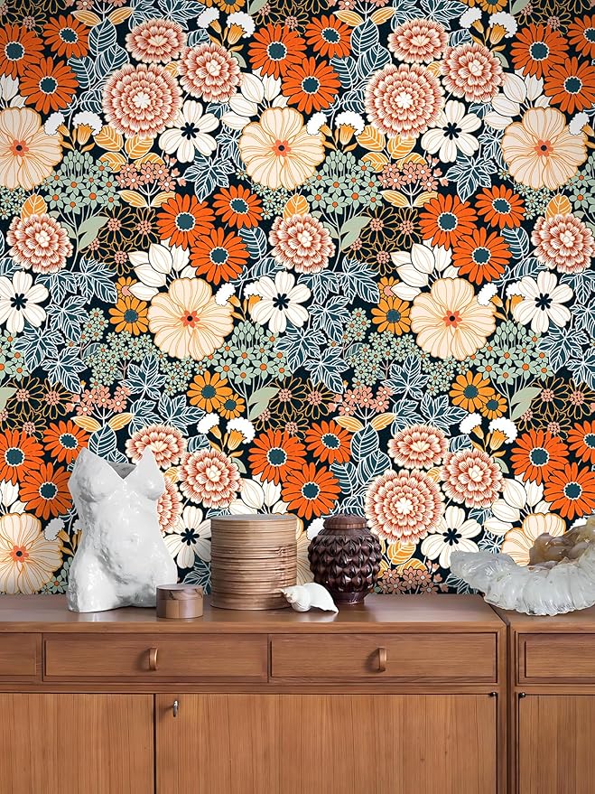 Floral Wallpaper Peel and Stick Boho Wall Paper Removable Waterproof Orange/Green/Red Contact Paper for Bedroom, Bathroom, Home Wall 17.3