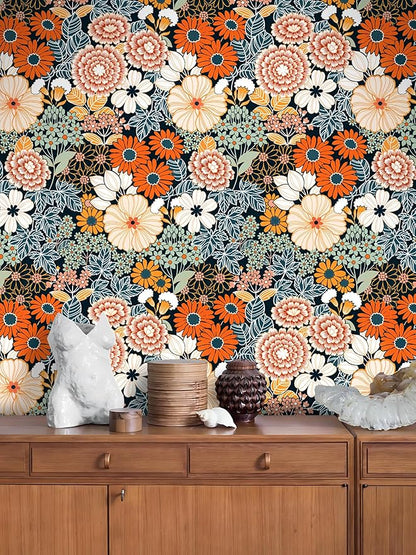 Floral Wallpaper Peel and Stick Boho Wall Paper Removable Waterproof Orange/Green/Red Contact Paper for Bedroom, Bathroom, Home Wall 17.3" x 236.3"