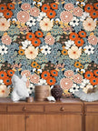Floral Wallpaper Peel and Stick Boho Wall Paper Removable Waterproof Orange/Green/Red Contact Paper for Bedroom, Bathroom, Home Wall 17.3