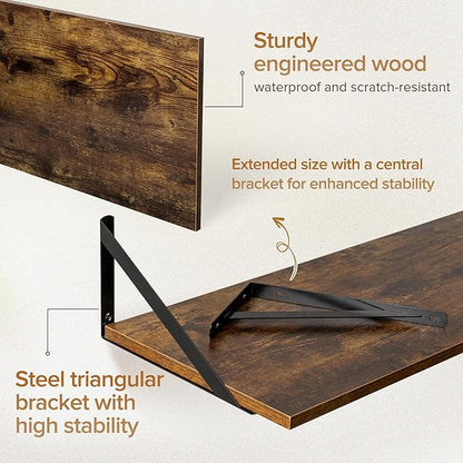 Deep Floating Shelves Wall Mounted, 55"x12" Brown Wood Shelves with Brackets Set of 2 for Bedroom, Living Room, Bathroom, Kitchen, Office - Storage & Display Shelf for Decor, Books, Plants
