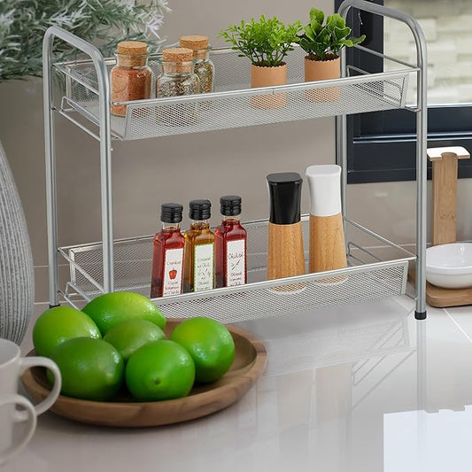 Relaxdays Spice Rack, 2 Levels, Table Kitchen & Bathroom, Make-Up, Perfume, Metal Shelf, 44.5x48x27cm, Silver, Steel, 44.5 x 48 x 27 cm