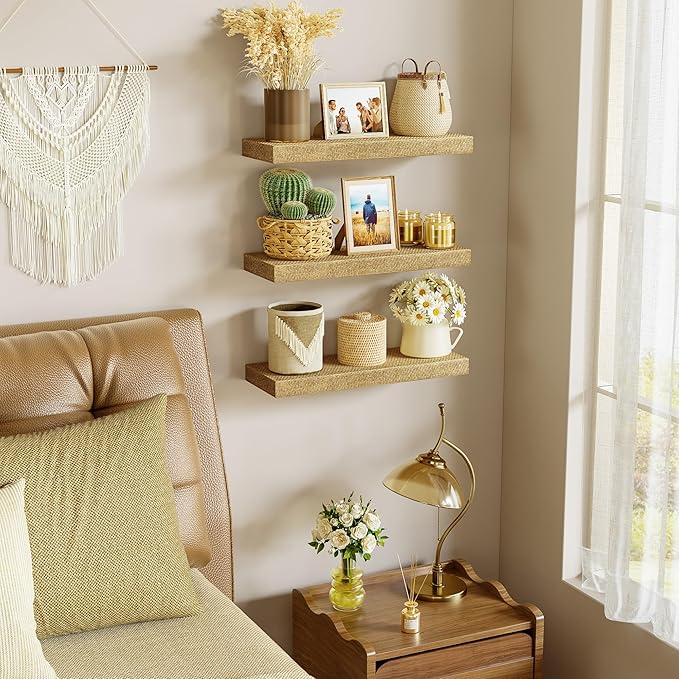 Alsonerbay Rattan Floating Shelves for Wall Set of 3, 15.7 Inch Wood Shelves Wall Mounted with Invisible Bracket for Bedroom Living Room Nursery and More