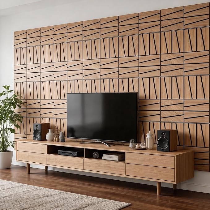 WoveN SounD Artisan Acoustic Wall Panels, 16 Pack 12x12 Inch, Wood Veneer Carved Sound Proof Wall Decor, Self-Adhesive for Home, Studio, Office & Focus Zones, Cut Prism, Teak