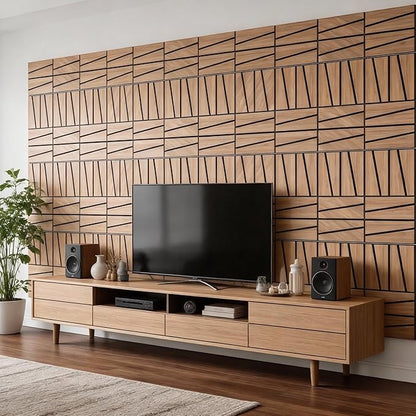 WoveN SounD Artisan Acoustic Wall Panels, 16 Pack 12x12 Inch, Wood Veneer Carved Sound Proof Wall Decor, Self-Adhesive for Home, Studio, Office & Focus Zones, Cut Prism, Teak