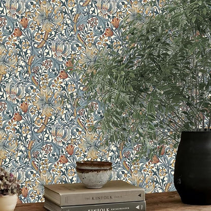 Vintage Wallpaper Peel and Stick Boho Wall Paper Removable Waterproof Golden Lily Contact Paper for Bedroom, Bathroom, Home Wall 17.3" x 118"