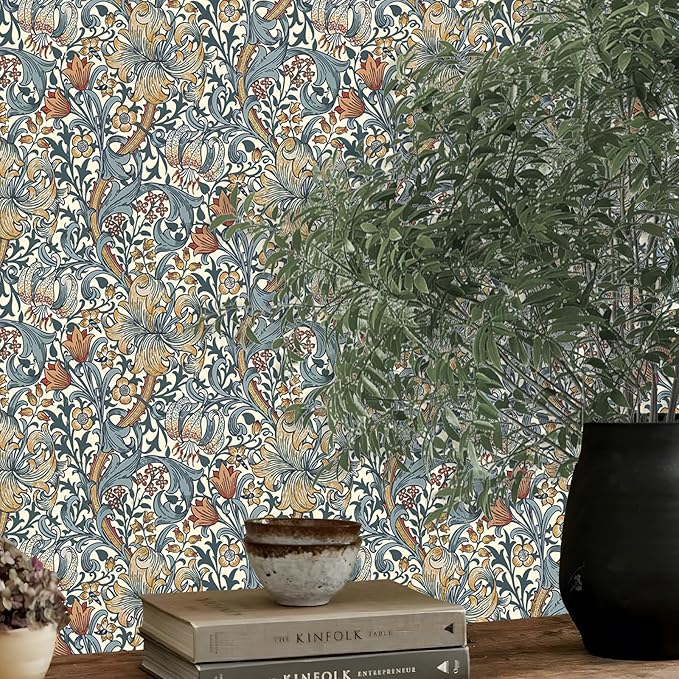 Vintage Wallpaper Peel and Stick Boho Wall Paper Removable Waterproof Golden Lily Contact Paper for Bedroom, Bathroom, Home Wall 17.3