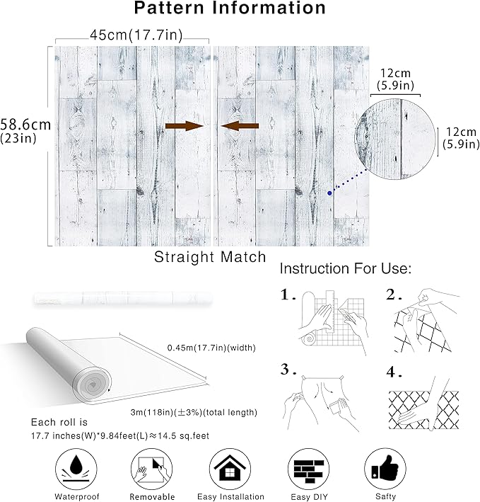 HAOKHOME Peel and Stick Wood Wallpaper Shiplap Light Grey/White/Blue Distressed Wood Plank Removable Shelf Liner Contact Paper 17.7in x 9.8ft