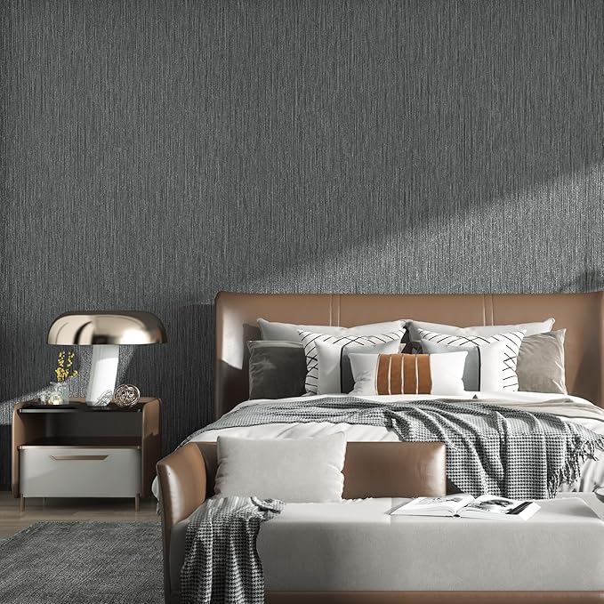 Haimin Grasscloth Wallpaper Textured 24in X 393in Fabric Contact Paper Gray Wall Paper Textured Linen Wallpaper Peel and Stick Self-Adhesive Thick Vinyl Embossed Film Wallpaper (Gray)