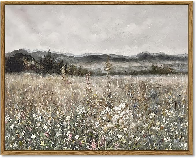 SHENIFY Vintage Landscape Framed Canvas Wall Art Prairie in Full Bloom Classic Painting Modern Farmhouse Bathroom Office Decor - 11x14in Natural Framed