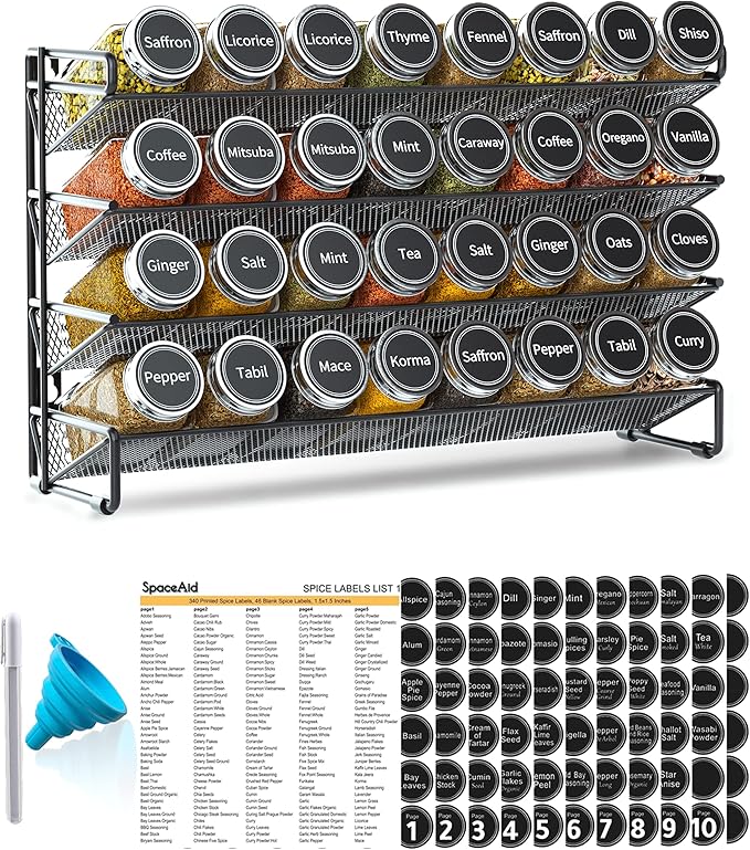 SpaceAid Spice Rack Organizer with 32 Spice Jars, 386 Spice Labels, Chalk Marker and Funnel Set for Cabinet, Countertop, Pantry, Cupboard or Door & Wall Mount - 32 Jars, 15.3