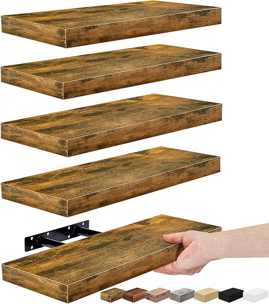 Sorbus Floating Shelves for Wall – 16 Inch Floating Shelf for Kitchen, Bedroom, Living Room, Bathroom, Home & Wall Decor - Mounted Bathroom Shelves with Invisible Brackets (Rustic Brown, 5 Pack)