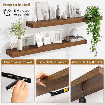 Fun Memories 40 Inch Floating Shelves, Long Wood Wall Shelf Set of 2 with Invisible Brackets, for Bathroom, Living Room, Bedroom, Kitchen, Walnut