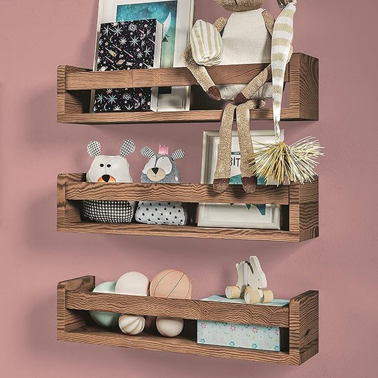 NATURE SUPPLIES Set of 3, 16.4". Nursery Book Shelves, Solid Wood for Books, Toys, Decor, Wall Bookshelf for Kids Bedroom, Floating Shelf, Stylish and Functional Storage Solution, Brown