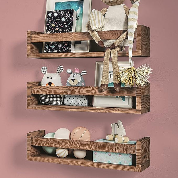 NATURE SUPPLIES Set of 3, 16.4". Nursery Book Shelves, Solid Wood for Books, Toys, Decor, Wall Bookshelf for Kids Bedroom, Floating Shelf, Stylish and Functional Storage Solution, Brown