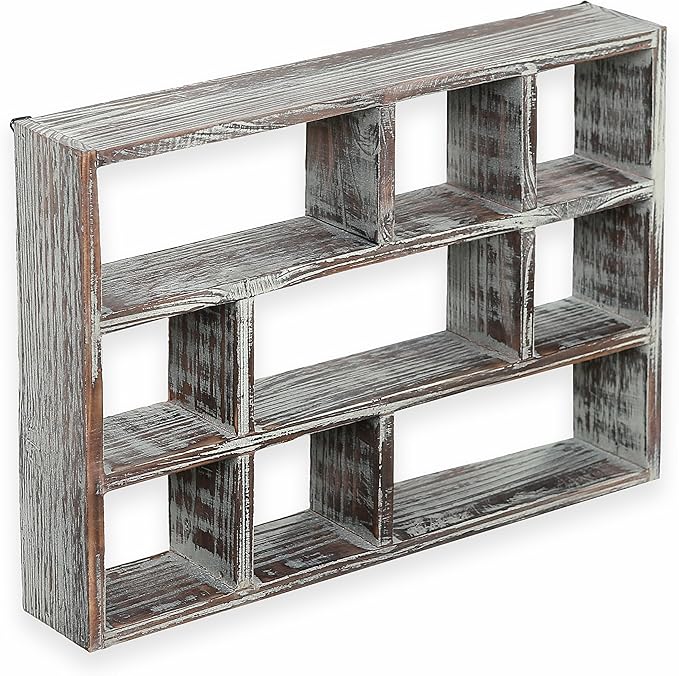 MyGift 9 Compartment Rustic Torched Solid Wood Shadow Box, Wall Mountable Curio Display Case, Freestanding or Floating Shelf for Collectible Figurines, Succulents