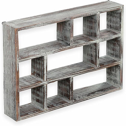 MyGift 9 Compartment Rustic Torched Solid Wood Shadow Box, Wall Mountable Curio Display Case, Freestanding or Floating Shelf for Collectible Figurines, Succulents