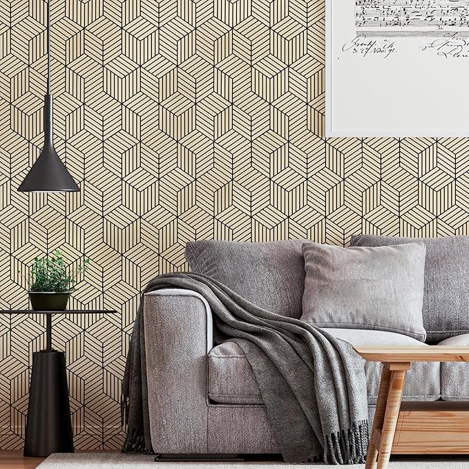 WENMER 17.71 Inchx 118 Inch Geometric Hexagon Wallpaper Contact Paper Peel and Stick Brown and Black Hexagon Removable Self Adhesive Wallpaper Vinyl Film Shelf Paper & Drawer Liner Roll for Home Use