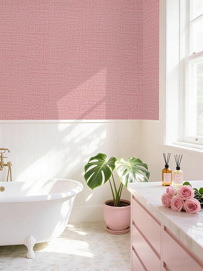 Guvana Grasscloth Peel and Stick Wallpaper Pink Textured Contact Paper Modern Removable Self Adhesive Wall Paper Thicken Fabric Faux Linen Wallpaper for Bedroom Living Room Nursery 78.7inx15.7in